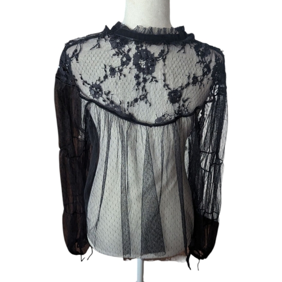 Embroidered sheer Tulle Top Witchy Whimsigoth velvet Bow Black Size L - Picture 15 of 16
